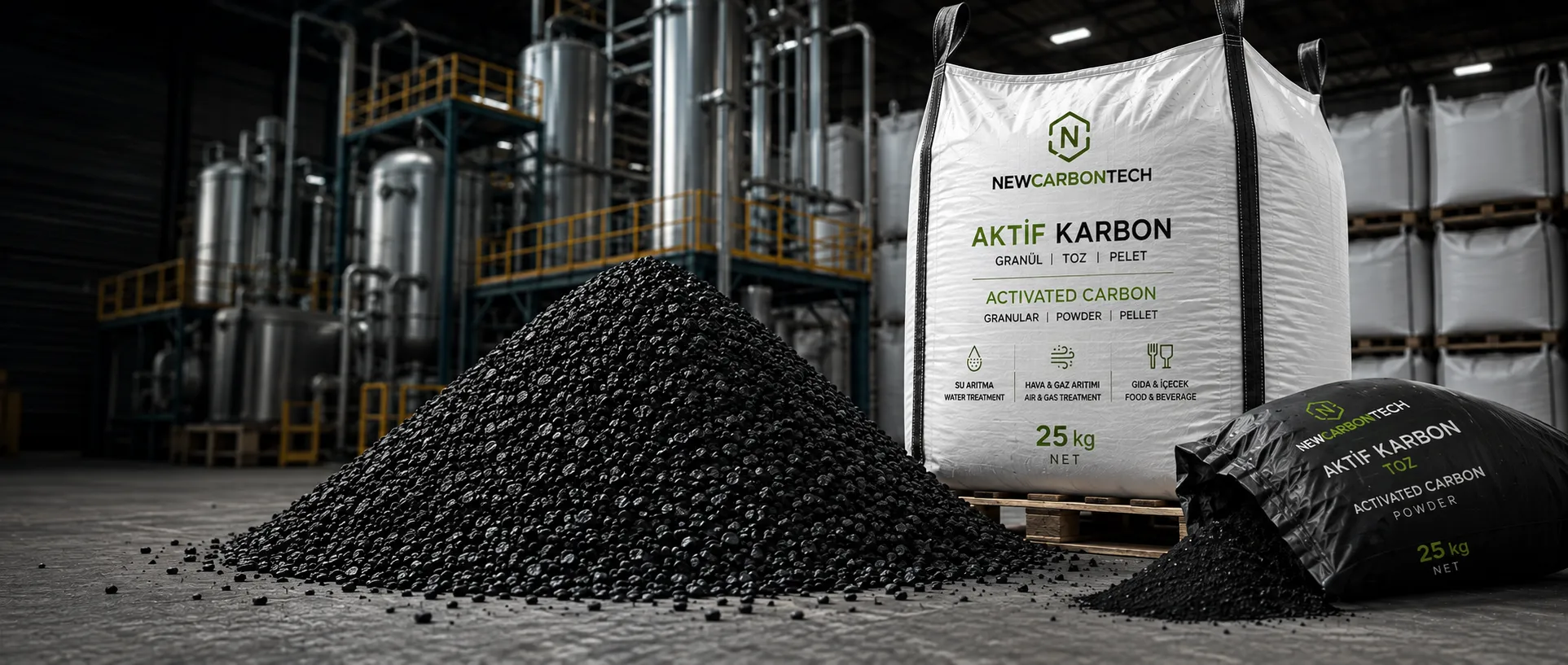 NewCarbonTech üretim tesisi: 25 kg big-bag ambalajında granül aktif karbon yığını