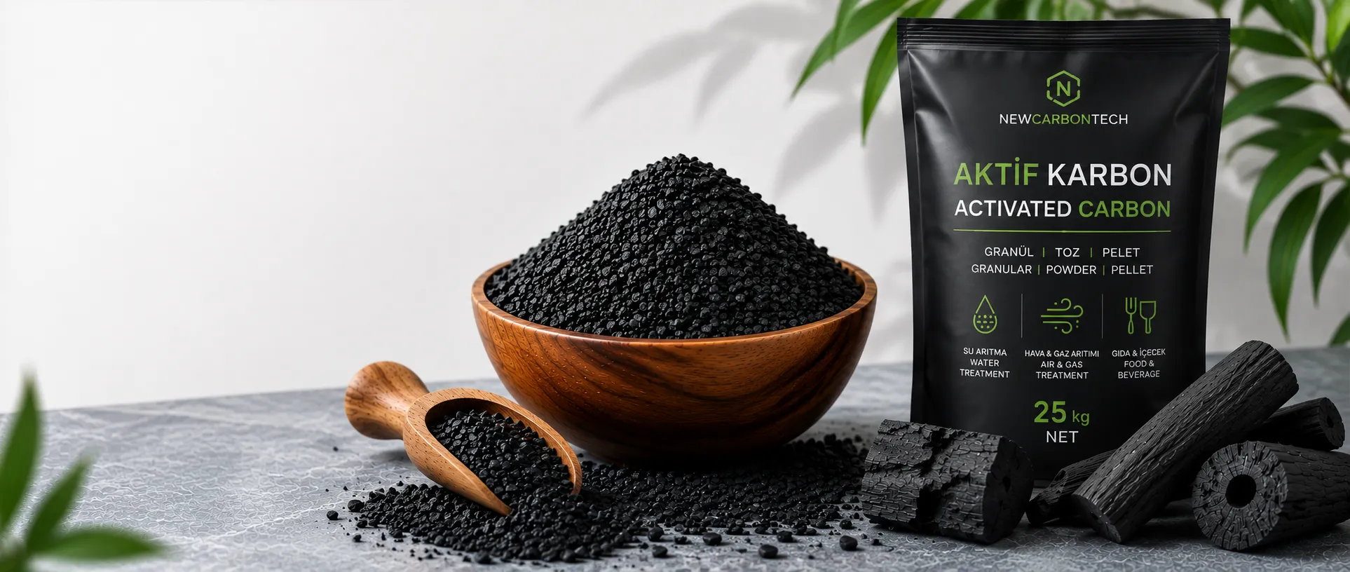 NewCarbonTech 25 kg aktif karbon paketi; ahşap kasede granül karbon ve odun kömürü